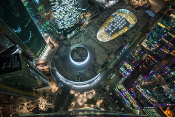  Top view of shopping and entertainment complex Central Core of business complex Moscow City at...