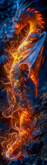 The 3D dragon is brought to life by fiery orange light its scales and wings contrasting the dark