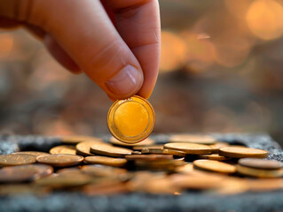 A coin placed on a charity donation box captured in the act of giving