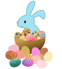 Blue Easter bunny with colorful Easter eggs in a bowl