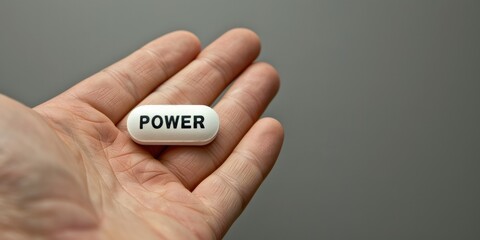 Generative AI, person is holding on the hand white pill with word Power, nutrition and healthcare concept