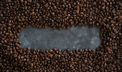 Top view of coffee beans with empty space for text, Roasted coffee beans texture background