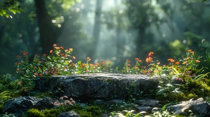  A stone podium in the forest, beautiful sunlight, rays of light through the greenery, spring nature, fantasy in the style of octane render.