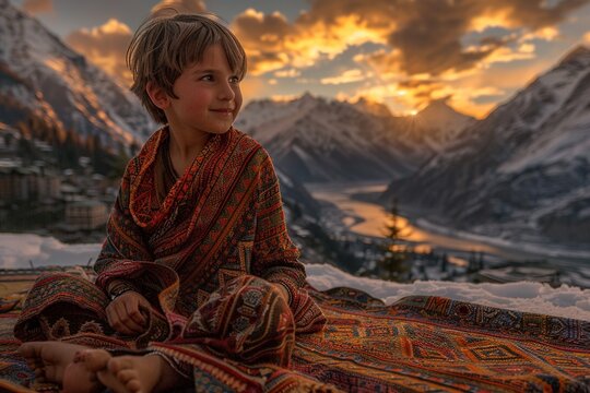 indian boy sitting in mountains, enjoying nature