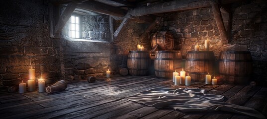 Timeless elegance  wine cellar in historic chateau with aging barrels in candlelit ambiance