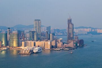Skyscrapers on coast in business area at morning in Hong Kong, China, view from China Merchants Tower