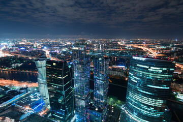  Futuristic Moscow International Business Center at night. Years of construction of complex -...