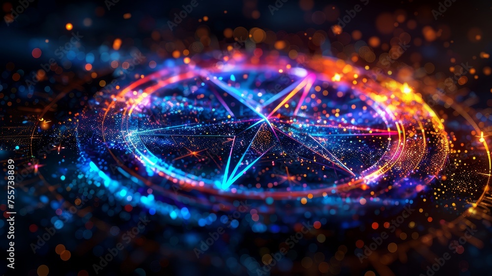 Poster abstract image of a neon-lit star compass with sparkling and glowing light particles in cosmic space
