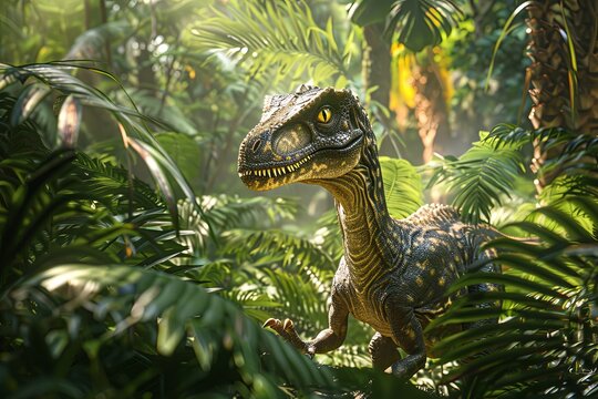 Velociraptor standing in a lush prehistoric jungle