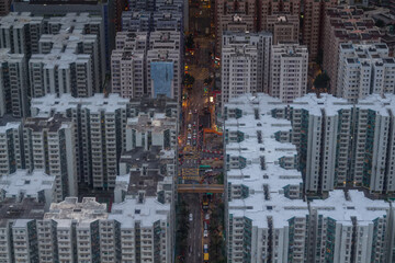 Residential buildings roofs in Hong Kong city, China, aerial view from Harbourfront center