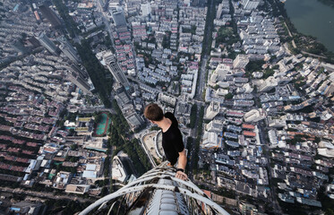Skyscrapers, buildings roofs, roofer in Hong Kong city, China, aerial view