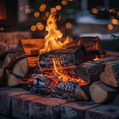 A captivating outdoor campfire scene with wood logs crackling and bright flames flickering, creating a perfect setting for storytelling and warmth.