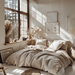 The soft morning light floods a peaceful bedroom, highlighting the natural textures of linen bedding and decorative dried plants, creating a serene and earthy ambiance.