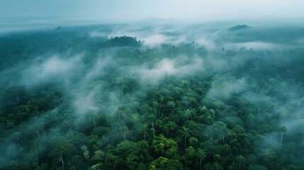 Misty aerial view of a lush rainforest highlighting 