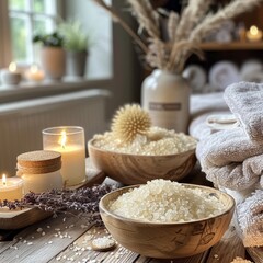 Obraz na płótnie Canvas A calming spa scene with scented candles, natural bath salts, and a collection of towels against a backdrop of dried plants and a warm wooden interior.