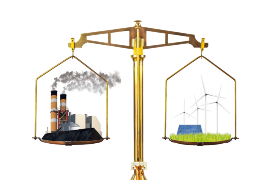 Concept of conventional polluting energy factory versus renewable energy with turbines and solar panels on a balance scale