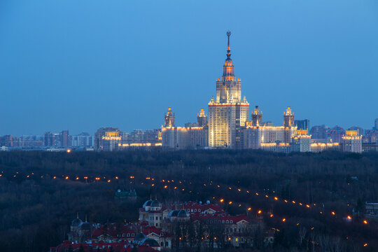 Moscow State University, Guest houses of Federal Security Service in foreground at night in Moscow, Russia