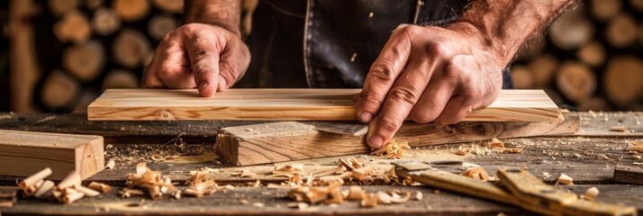 Skilled male carpenter working with tools in workshop, blurred background with copy space