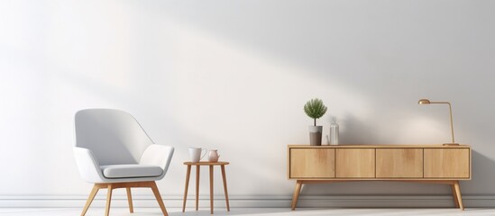 Minimal design TV cabinet on white wall with armchair