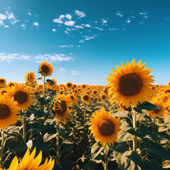 A field of sunflowers under a clear sky.