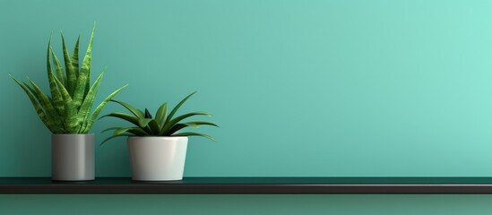 Green shelf with plant in house-shaped pot, turquoise background, modern interior design concept, mockup template, 