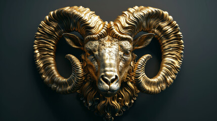 Aries zodiac sign represented by a golden ram head sculpture, signifying strength and leadership.