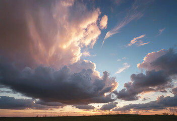 Beautiful cumulous clouds over the countryside. Stunning landscape. Generative AI.