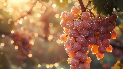 Sun-kissed grape clusters with morning dew, embodying the freshness of vineyards and the promise of wine. - obrazy, fototapety, plakaty