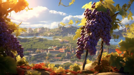 Scenic vineyard with ripe grape clusters in the foreground, epitomizing the beauty of viticulture. - obrazy, fototapety, plakaty