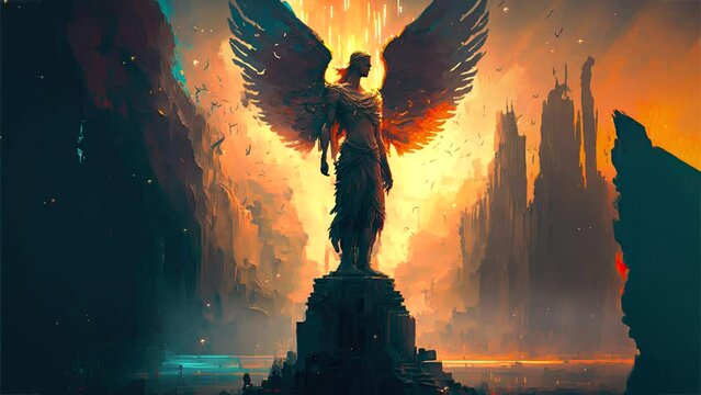 Beautiful giant angel with open white wings. Mountains landscape with twilight sky. Epic illustration animation.