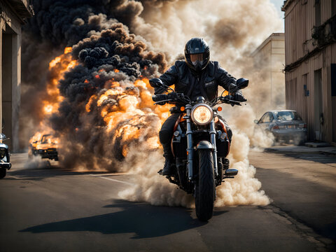 A stuntman on a motorcycle during an explosion scene.