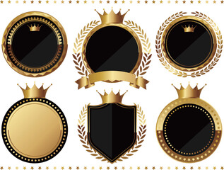 高級感のある王冠のエンブレム6種セット　ブラック＆ゴールド
