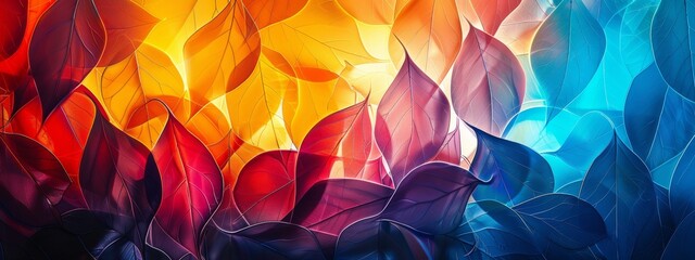 Abstract colorful leaves in a gradient flow, representing autumnal hues and organic beauty. - obrazy, fototapety, plakaty