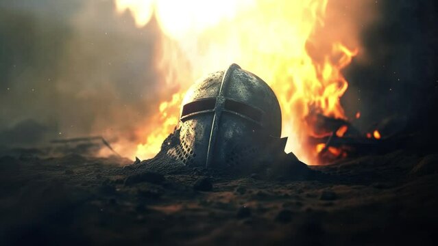 Medieval warrior helmet on the ground. War and defeat. Epic fantasy and dramatic loop video animation.