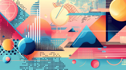 Abstract colorful composition with geometric shapes and patterns, evoking a digital landscape.