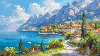 Oil painting of a small town on the Mediterranean Sea
