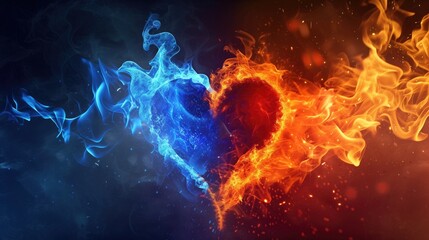 Fototapeta premium Burning heart on the black background, Fire ice heart on a dark background, The abstract heart, generative ai