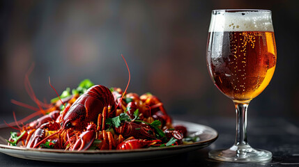 Plate of seasoned crawfish with a glass of beer, ideal for culinary and gastronomy-related content. - obrazy, fototapety, plakaty