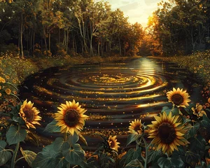 Poster Golden Hour Sunflower Labyrinth entwined with Star-studded Chocolate River Frosty Mint Ice Cream Glaciers bordering. Clean © Sirirat