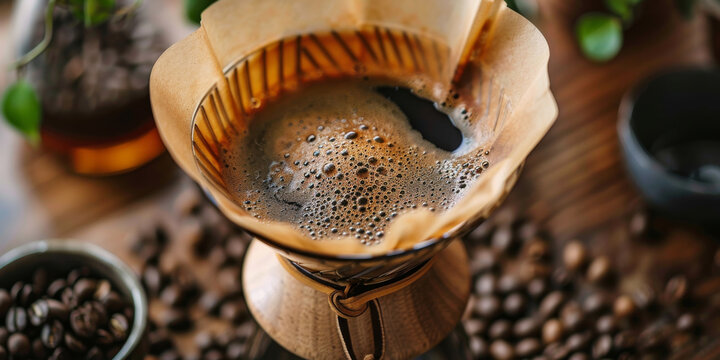 A close-up of pour-over coffee brewing process with a paper filter and fresh grounds.