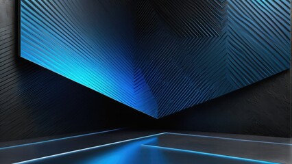 Abstract composition, light pattern featuring a gradient of blue to black with soft, tech-inspired lines, placed against a metal-textured floor and wall, all bathed in a soft - obrazy, fototapety, plakaty