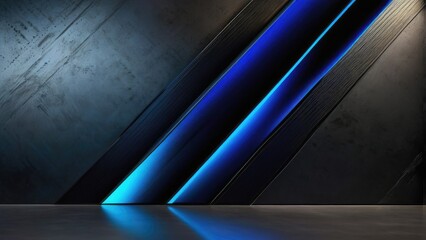 Abstract composition, light pattern featuring a gradient of blue to black with soft, tech-inspired lines, placed against a metal-textured floor and wall, all bathed in a soft