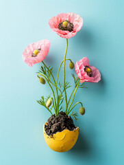 Spring holiday season concept. Flowers growing out of an easter egg. Close up, copy space, background.