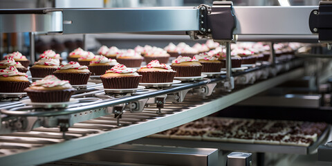 Sweet tasty cakes on food factory conveyor. Automated conveyor whisks freshly baked cakes through the production process