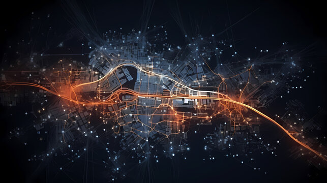 City plan with glowing city map and infrastructure grid, city map illustration