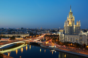 High-rise building on Kotelnicheskaya embankment at evening in Moscow.