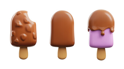 Set of realistic ice creams in chocolate glaze on stick 3D style