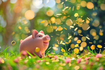 Happy piggy bank on the grass with stacks of gold coins around it. The piggy bank looks happy and the coins are scattered around it