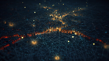 City plan with glowing city map and infrastructure grid, city map illustration