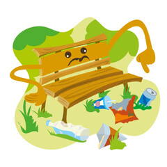 Funny illustration of a park bench pointing at rubbish lying around and being angry